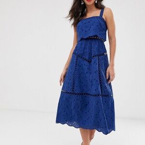 Asos Broderie Cami Midi Blue Dress Size 8 Tall.